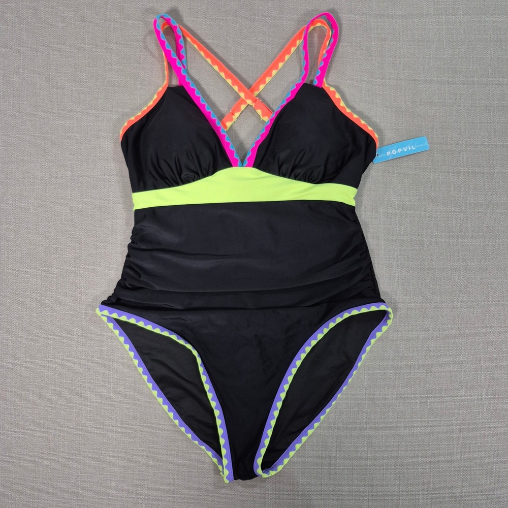 Popvil One Piece Swimsuit Black Neon Ric Rac Tummy Control XL New